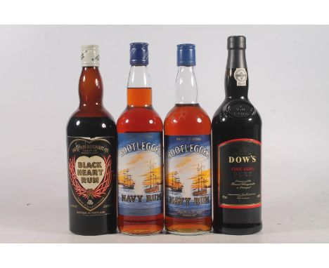 Four bottles of alcohol to include DOWS fine ruby port 19% abv. 75cl, BLACK HEART rum 70° proof 26 2/3 fluid ounces, and two 