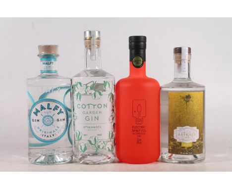 Four bottles of gin to include MALFY 41% abv. 70cl, OTTERBECK Cotton Garden gin 42% abv. 70cl, ELECTRIC SPIRIT CO Achroous gi