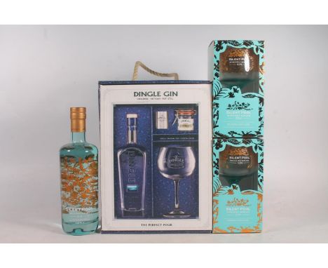 DINGLE gin gift set with bottle 42.5% abv. 70cl, glass etc. boxed, SILENT POOL gin 43% abv. 70cl and two boxed copa glasses. 