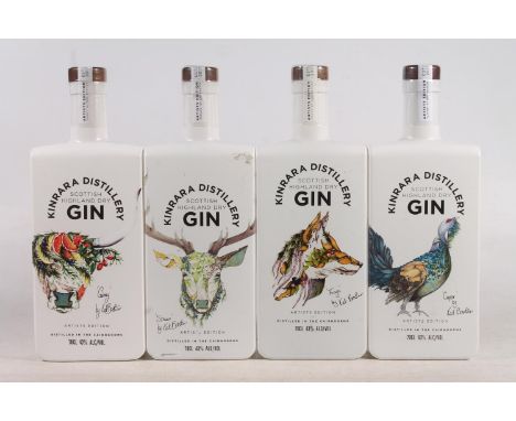 Set of four KINRARA Scottish gin in different artists edition bottles with bottle designs by Kat Baxter including Caper, Stru