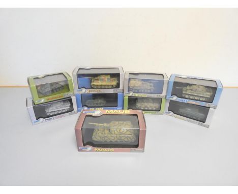 A collection of nine boxed 1:72 scale diecast model military vehicles by Dragon Armour to include; German Tiger I, Russian T-