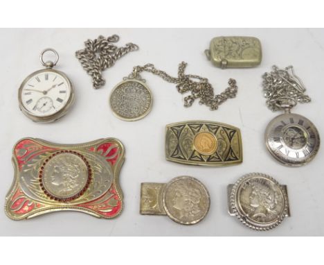 Victorian silver pocket watch, Birmingham 1889, USA 1921 Morgan Dollar mounted as a belt buckle, another buckle with an 1893 