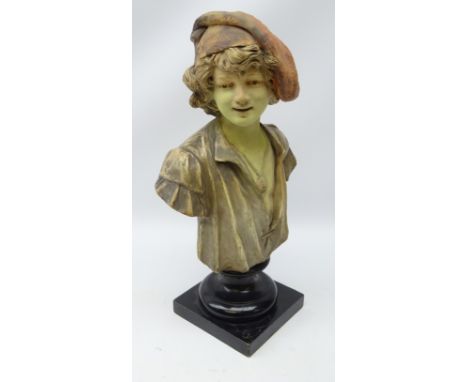 Art Nouveau style bust of a young girl impressed 'Goldscheider Wien 385' on ebonised plinth, H42cm Condition Report Click her