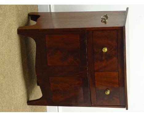 Early 19th century inlaid mahogany commode, hinged up and over lid, shaped apron, bracket feet, W60, H69cm, D41cm Condition R