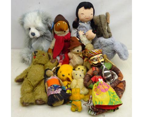 Wombles Orinoco soft toy, Chad Valley elephant, Paddington Bear, Happy Child toys Sooty hand puppet, similar hand puppet, Cha