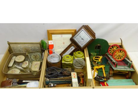 Vintage gilt metal & petit-point dressing table set, advertising bakelite cribbage board 'Have a Capstan', oak framed baromet