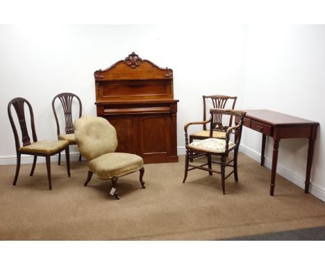 Victorian mahogany chiffonier, shaped carved and pierced floral raised back, ogee drawer front, above two cupboard doors encl