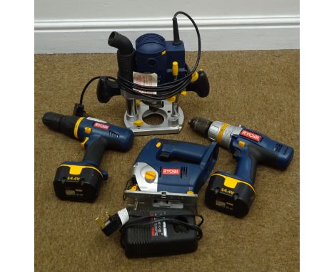 A quantity of power tools comprising of two Ryobi cordless drills and one cordless Ryobi jigsaw with charger and a Pro 1250W 