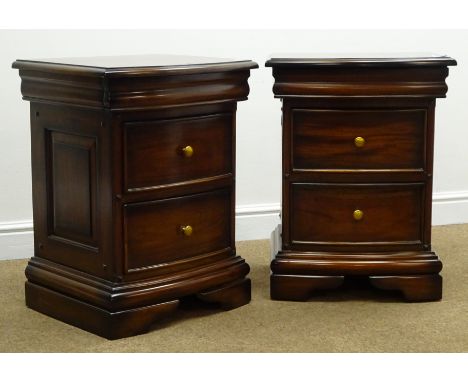 Pair mahogany bow fronted bedside chests, moulded top, single frieze drawer and two drawers, shaped bracket supports, W50cm, 