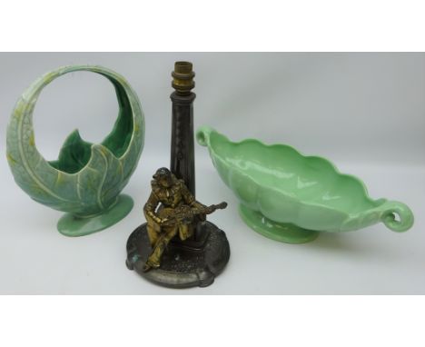 Art Deco bronzed spelter table lamp modelled as a Pierrot seated playing the Guitar on shaped oval base, H32cm Beswick basket