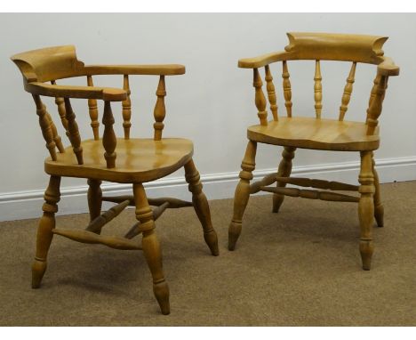 Pair beech smokers bow captains chairs, double 'H' stretchers, W61cm Condition Report Click here for further images, conditio