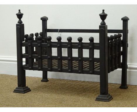 Cast iron dog grate, portcullis sides, front legs with finials and step base, W56cm, H45cm, D32cm Condition Report Click here