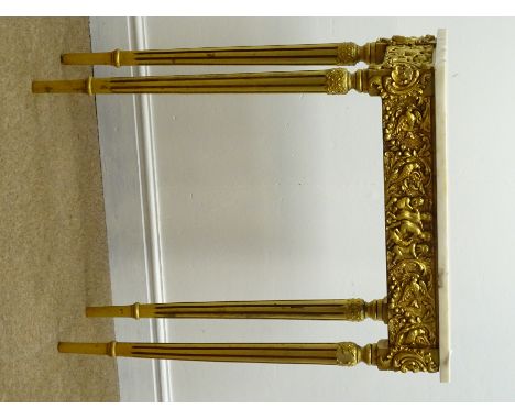 Gilt console table with rectangular marble top, decorated with cherubs and fruit swags, on fluted supports, W61cm, H76cm, D31