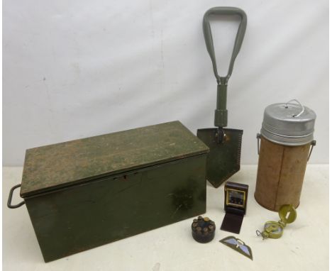 Ammunition metal box containing Eagle thermos, compass, clock, badge miliary spade etc Condition Report Click here for furthe