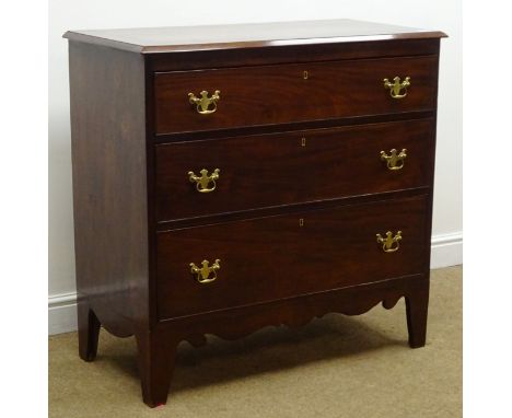 Georgian inliad figured mahogany chest, three graduating drawers, brass plate handles, shaped apron, tapering bracket support