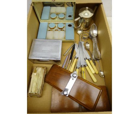 Six Christofle table spoons, silver napkin ring & sugar tongs, Art Deco Chromium plated cigarette box, two gold-plated Fyne P