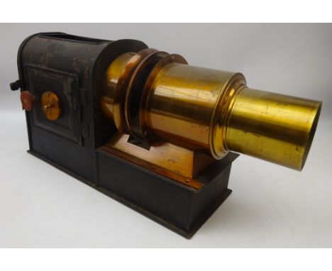 Victorian brass magic lantern with black japanned tin case, L45cm  Condition Report Click here for further images, condition,