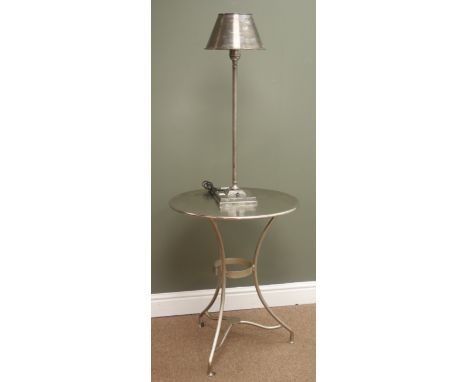 Becara Furniture - Circular silver finished table (D55cm, H68cm), and a polished metal table lamp Condition Report Click here