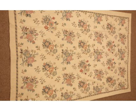 Old Kashmiri hand stitched wool chain beige ground rug, floral field, repeating border, 268cm x 180cm Condition Report Click 