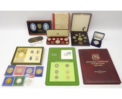 Collection of coins including; 1951 proof set, 1953 proof set, commemorative coins, 'Jane Austen Bicentenary Medallic First D