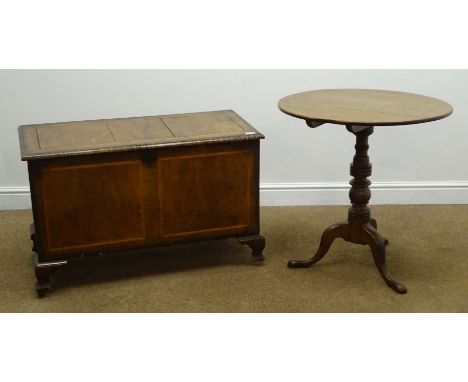 19th century inlaid walnut chest, hinged lid, shaped bracket supports on castors (W96cm, H60cm, D46cm) and a tilting oak tabl