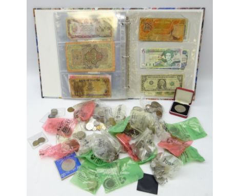 Collection of Great British and world coins and World banknotes including; Eastern Caribbean five dollars note, USA one dolla