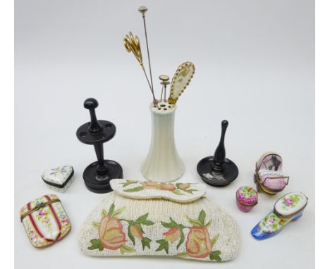 1920's crewel and bead work purse, ebony ring & hat pin stand, various hat pins, four Limoges porcelain & gilt metal trinket 