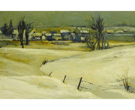 'Wolds Village Winter Landscape', oil on board signed by Margaret Parker (Northern British 1925-2012) 60cm x 90cmNotes: Marga