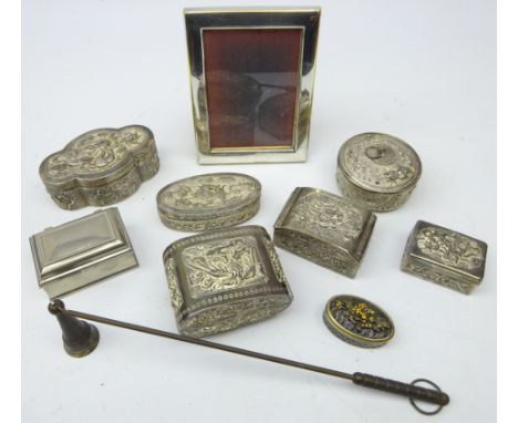 Six Vietnamese cast metal boxes, two other trinket boxes, plated rectangular photo frame and candle snuffer (10) Condition Re