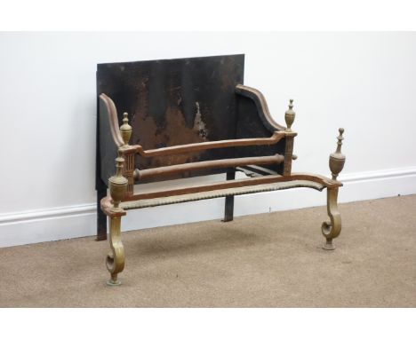 Early 20th century cast iron fire basket, finial detailing (W93cm, H66cm, D52cm) and a three piece fire guard painted black f