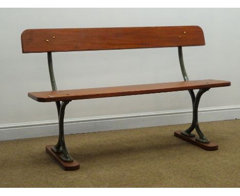 Cast iron framed garden bench, hardwood back seat and sledge feet, L136cm Condition Report Click here for further images, con