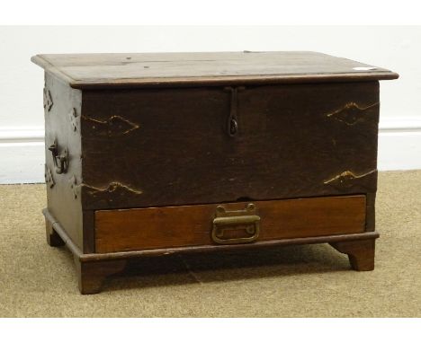17th century style hardwood mule chest, hinged lid, single drawer, shaped metal work, bracket supports, W74cm, H30cm, D47cm C