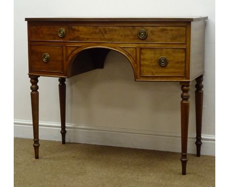 Regency mahogany bow front sideboard, moulded top, one short and two long drawers, turned supports, W96cm, H82cm, D51cm Condi