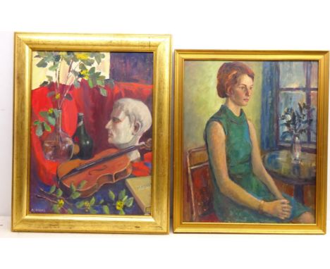 Still Life of Violin, oil on board signed by Angela Stones (British 1914-1995), Portrait of a Seated Lady and Man Playing a V
