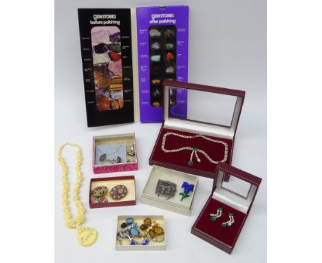 9ct gold sapphire and diamond ring, hallmarked, silver marcasite and stone set pendant necklace and matching earrings, two mi
