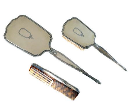 Silver dressing set comprising: brush, mirror and comb, stamped International Sterling  