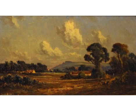 Edwin Harris (Early 20th Century) - Oil on board - Chanctonbury Ring Dorset, signed lower left, 16cm x 28.5cm, in plush slip 