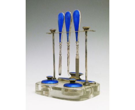 George V silver blue enamel and glass manicure set, sponsors mark of Albert Carter, Birmingham 1918 to 1930  