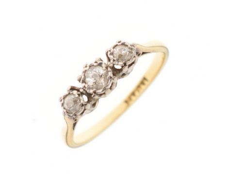 Yellow metal, platinum and three stone diamond ring, stamped 18ct and Pt, size M½, 2.5g gross approx  