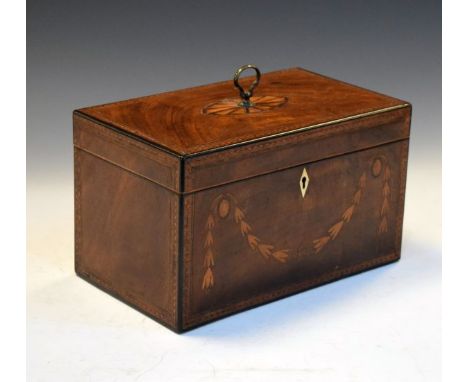 George III inlaid mahogany tea caddy, the hinged cover with bat's-wing paterae and brass handle enclosing three canisters, ea