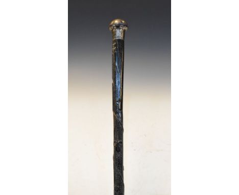 George V silver-mounted ebonised walking stick or cane, with carved shamrock decoration, silver handle hallmarked for London 