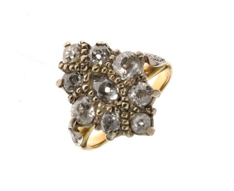 Unmarked yellow metal and diamond cluster ring, the nine old brilliant cuts forming a lozenge totalling approximately 1ct, wi
