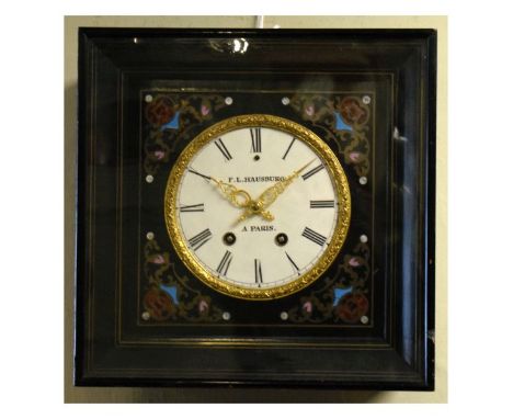 Late 19th Century French boulle-inlaid ebonised 'Vineyard'-style wall clock, the white circular Roman dial inscribed F.L. Hau