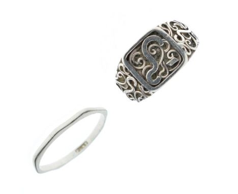 Irregular wedding band ring stamped Plat, 2.3g approx, together with an unmarked white metal signet ring, possibly Middle Eas