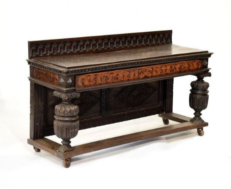 Antique oak and marquetry decorated  part-buffet, fitted frieze drawer on turned cup and cover front supports united by stret