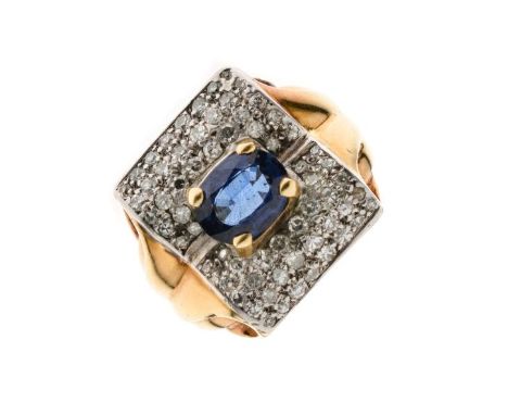 Unmarked yellow metal, sapphire and diamond cluster ring, the oval cut central sapphire within sixty-four diamonds, size O, 1