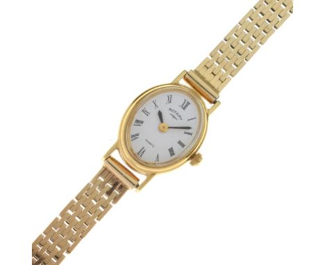Rotary - Lady's yellow metal wristwatch, white oval Roman dial, to a flexible bracelet stamped 585, 18g approx  