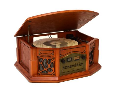 Modern vintage design record player/compact disc player having hinged cover  