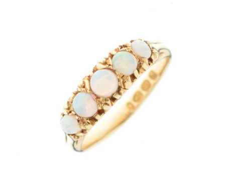 18ct gold and five stone opal dress ring set five circular cabochons, size O, 4.7g gross approx  