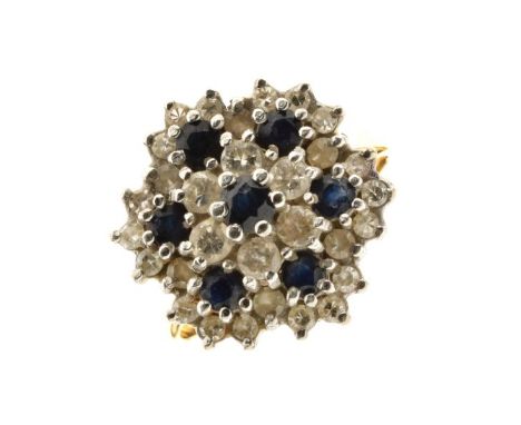 18ct gold, sapphire and diamond cluster ring, set with seven sapphires and thirty brilliant and single cut diamonds, size N, 